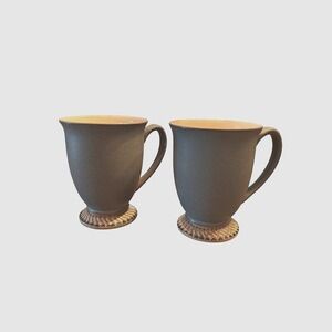 Denby England Langley Luxor Footed Coffee Tea Mugs Blue Grey Stoneware Set of 2